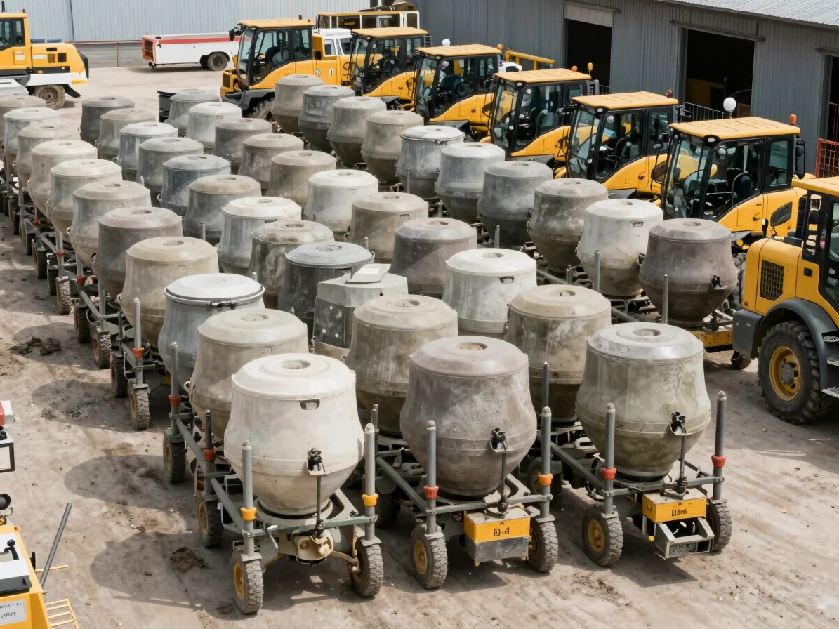 Rows of various light construction machinery (concrete mixers, pl