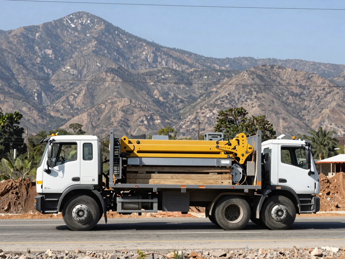 A flatbed truck loaded with light construction equipment driving