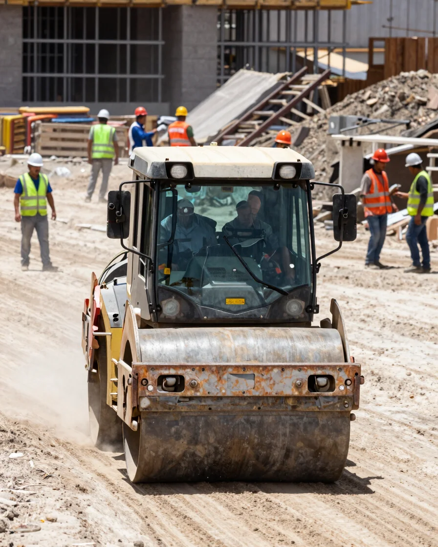 Panoramic view of a construction site in Mexico, a compacting roller in the foreground, workers in hard hats and safety