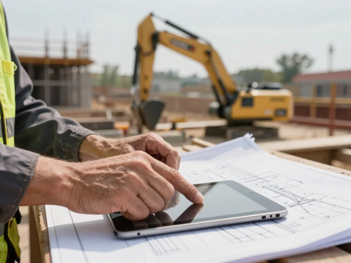 Close-up of a construction worker's hands pointing at a technical