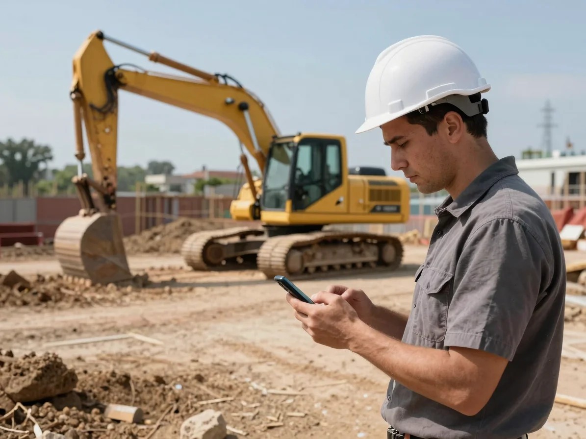 A construction site foreman quickly typing on a smartphone, a sma
